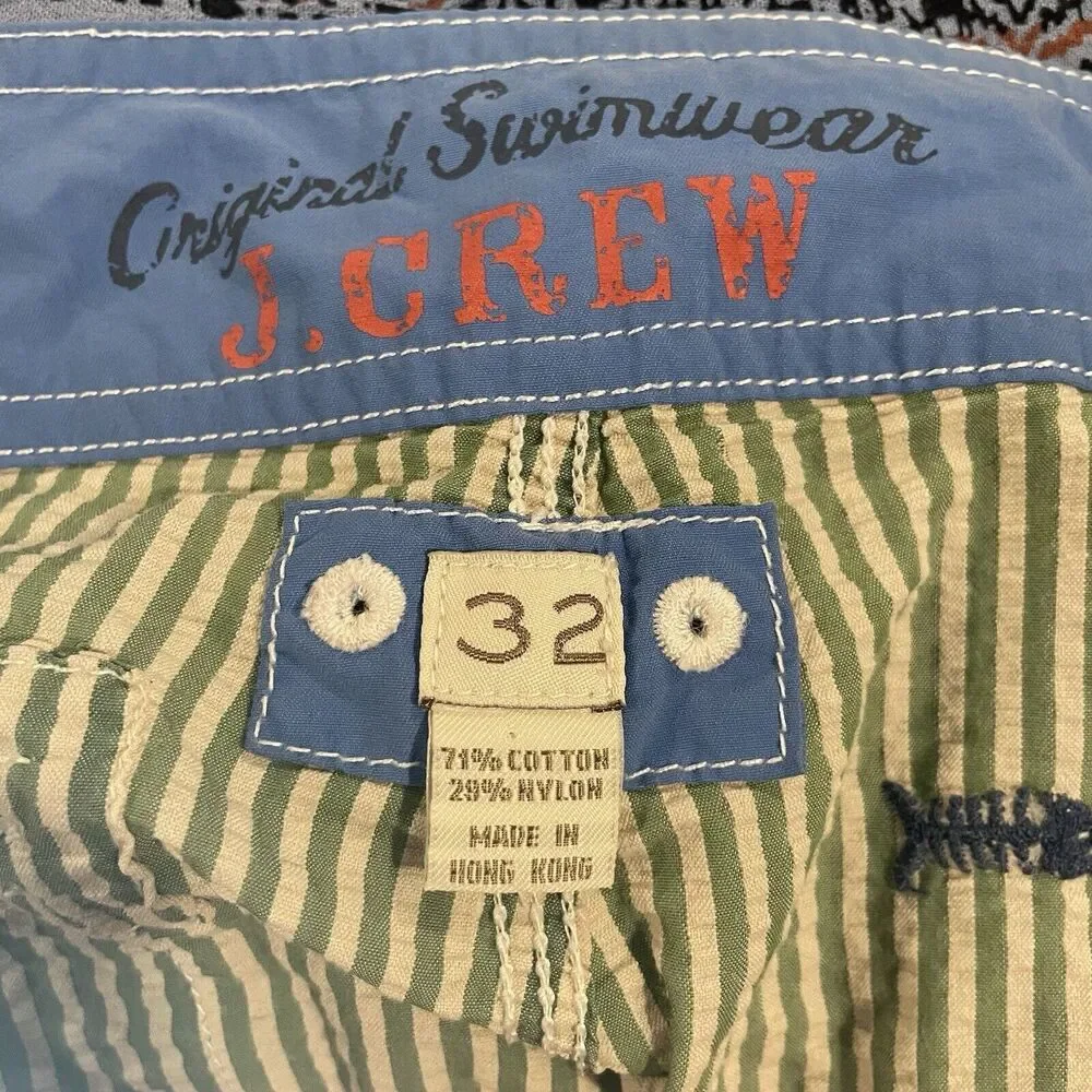 J Crew Swim Shorts Sz 32 Green Striped Seersucker Fish Embroidered Trunks